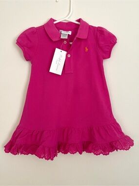 Ralph Lauren Baby Girls Polo Dress - Pink Polo Collar with Ruffle Hem